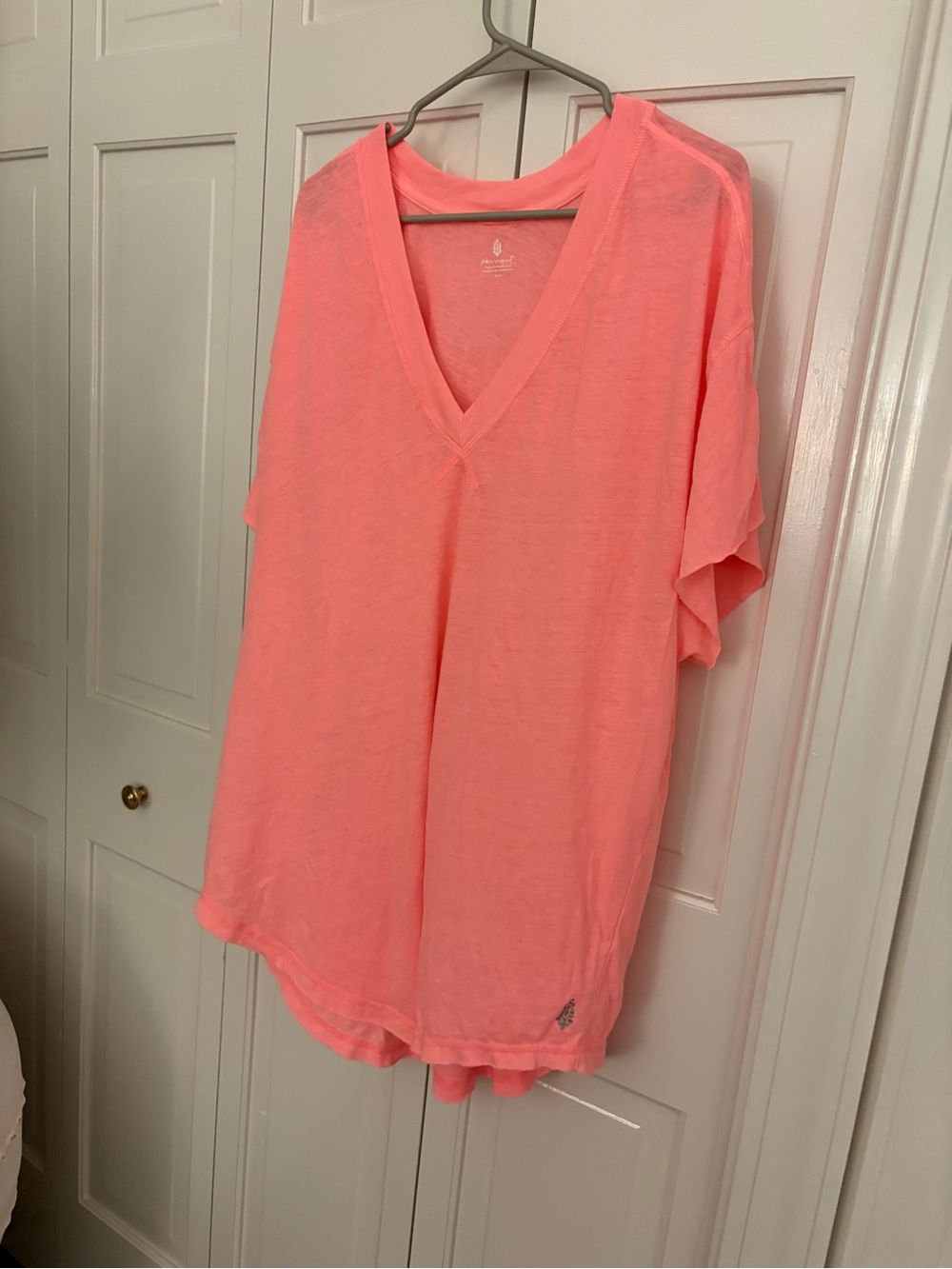 Free People Neon Coral V-Neck Short Sleeve Tee